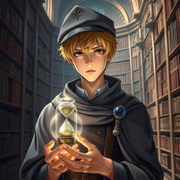 A young male mage, approximately 25 years old, with short blonde hair and warm brown eyes