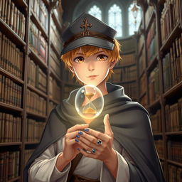 A young male mage, approximately 25 years old, with short blonde hair and warm brown eyes