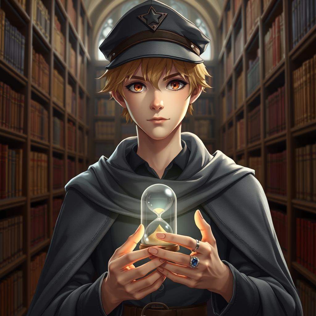 A young male mage, approximately 25 years old, with short blonde hair and warm brown eyes