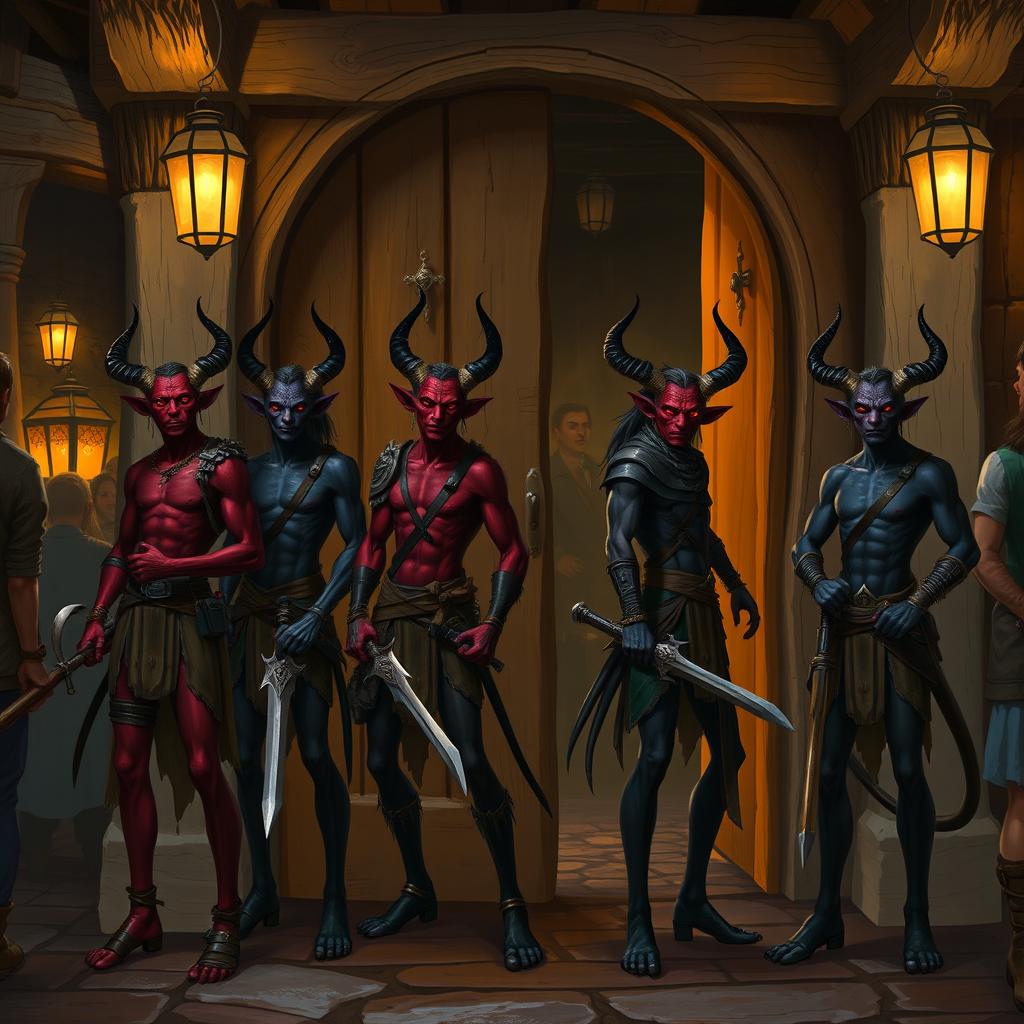 A group of 4 slender tieflings with dark skin standing next to the door of a medieval tavern