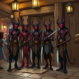 A group of 4 slender tieflings with dark skin standing next to the door of a medieval tavern