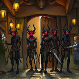 A group of 4 slender tieflings with dark skin standing next to the door of a medieval tavern