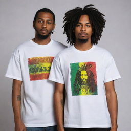 A soiled white t-shirt with the text 'B H U L D A Z' rasta-inspired designs. Both front and back of the shirt have designs that glow in the dark, exhibiting a vibrant contrast against the grungy fabric.