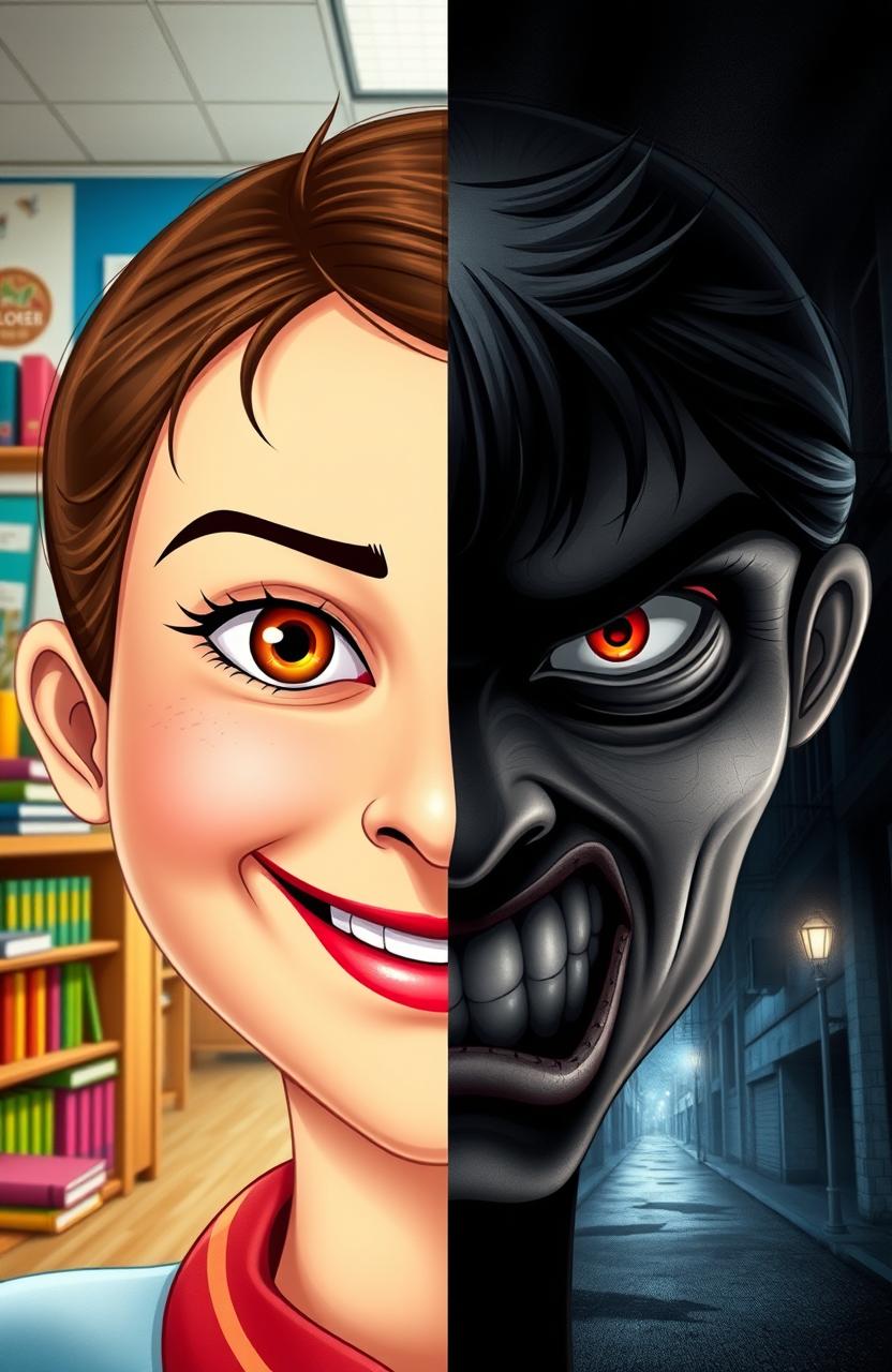 A teacher's face depicting two contrasting expressions—on the left side, a friendly smile with warm eyes, and on the right side, a cold and eerie stare that sends chills