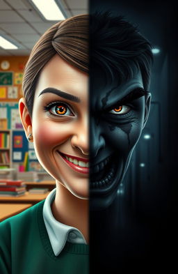 A teacher's face depicting two contrasting expressions—on the left side, a friendly smile with warm eyes, and on the right side, a cold and eerie stare that sends chills