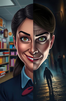 A teacher's face depicting two contrasting expressions—on the left side, a friendly smile with warm eyes, and on the right side, a cold and eerie stare that sends chills