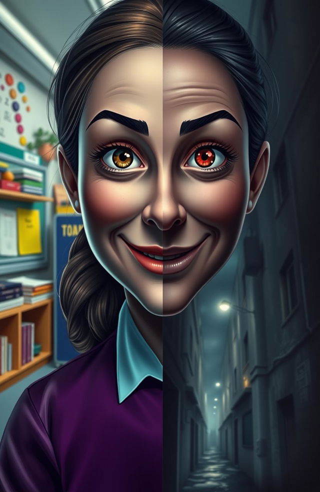 A teacher's face depicting two contrasting expressions—on the left side, a friendly smile with warm eyes, and on the right side, a cold and eerie stare that sends chills