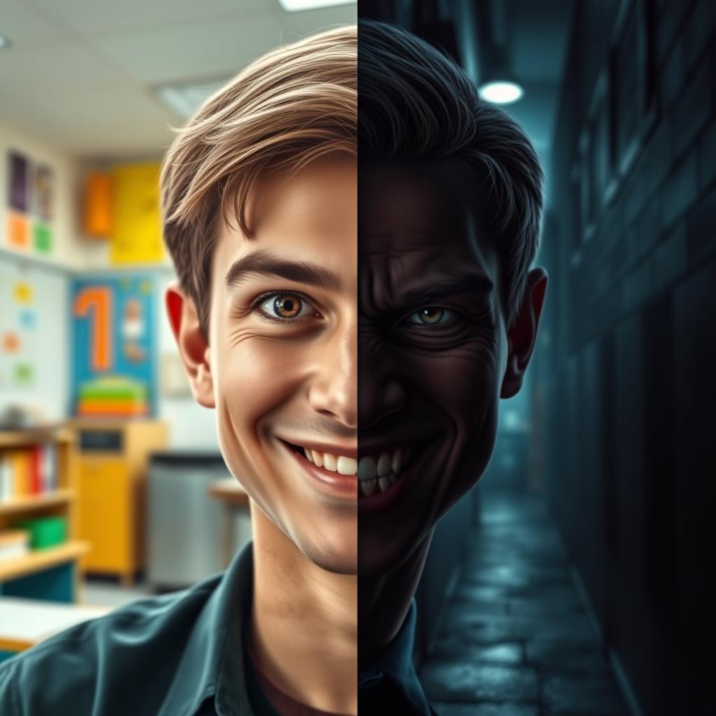 A young male teacher's face displaying two contrasting expressions—on the left side, a friendly smile and warm eyes, while on the right side, a cold and menacing stare