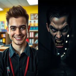 A young male teacher's face displaying two contrasting expressions—on the left side, a friendly smile and warm eyes, while on the right side, a cold and menacing stare