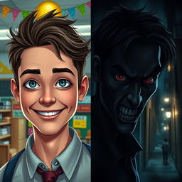 A young male teacher's face showing two distinct expressions—on the left side, displaying a friendly smile with inviting eyes, and on the right side, featuring a cold and sinister gaze that evokes unease