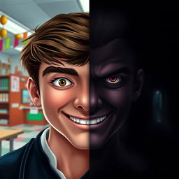 A young male teacher's face showing two distinct expressions—on the left side, displaying a friendly smile with inviting eyes, and on the right side, featuring a cold and sinister gaze that evokes unease