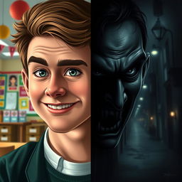 A young male teacher's face showing two distinct expressions—on the left side, displaying a friendly smile with inviting eyes, and on the right side, featuring a cold and sinister gaze that evokes unease