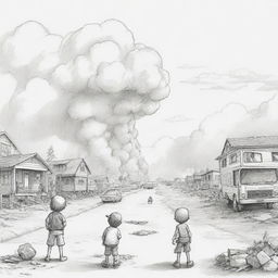 Sketch a super simple and kid-friendly editorial cartoon that effectively communicates the current issues around man-made disasters.