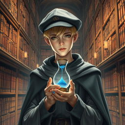 A young male mage, about 25 years old, with short blonde hair and striking brown eyes