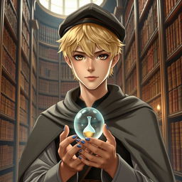 A young male mage, about 25 years old, with short blonde hair and striking brown eyes