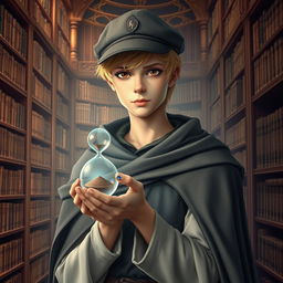 A young male mage, about 25 years old, with short blonde hair and striking brown eyes