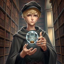 A young male mage, about 25 years old, with short blonde hair and striking brown eyes