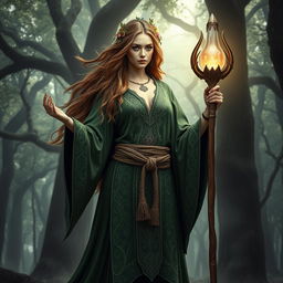 A powerful druid woman standing tall, wearing an intricate green robe adorned with natural patterns and symbols