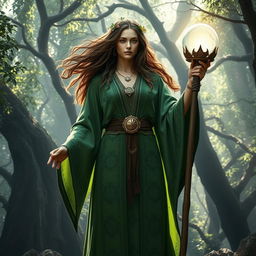 A powerful druid woman standing tall, wearing an intricate green robe adorned with natural patterns and symbols