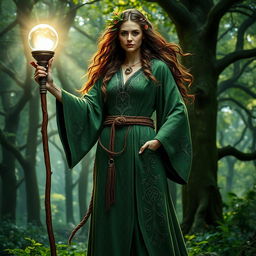 A powerful druid woman standing tall, wearing an intricate green robe adorned with natural patterns and symbols