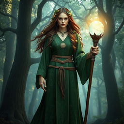 A powerful druid woman standing tall, wearing an intricate green robe adorned with natural patterns and symbols