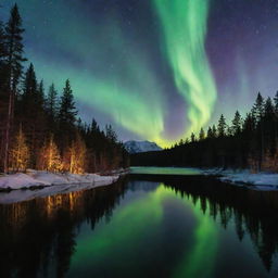 Craft an enchanting night scene showcasing the northern lights over a tranquil, starlit lake, surrounded by a dense pine forest.