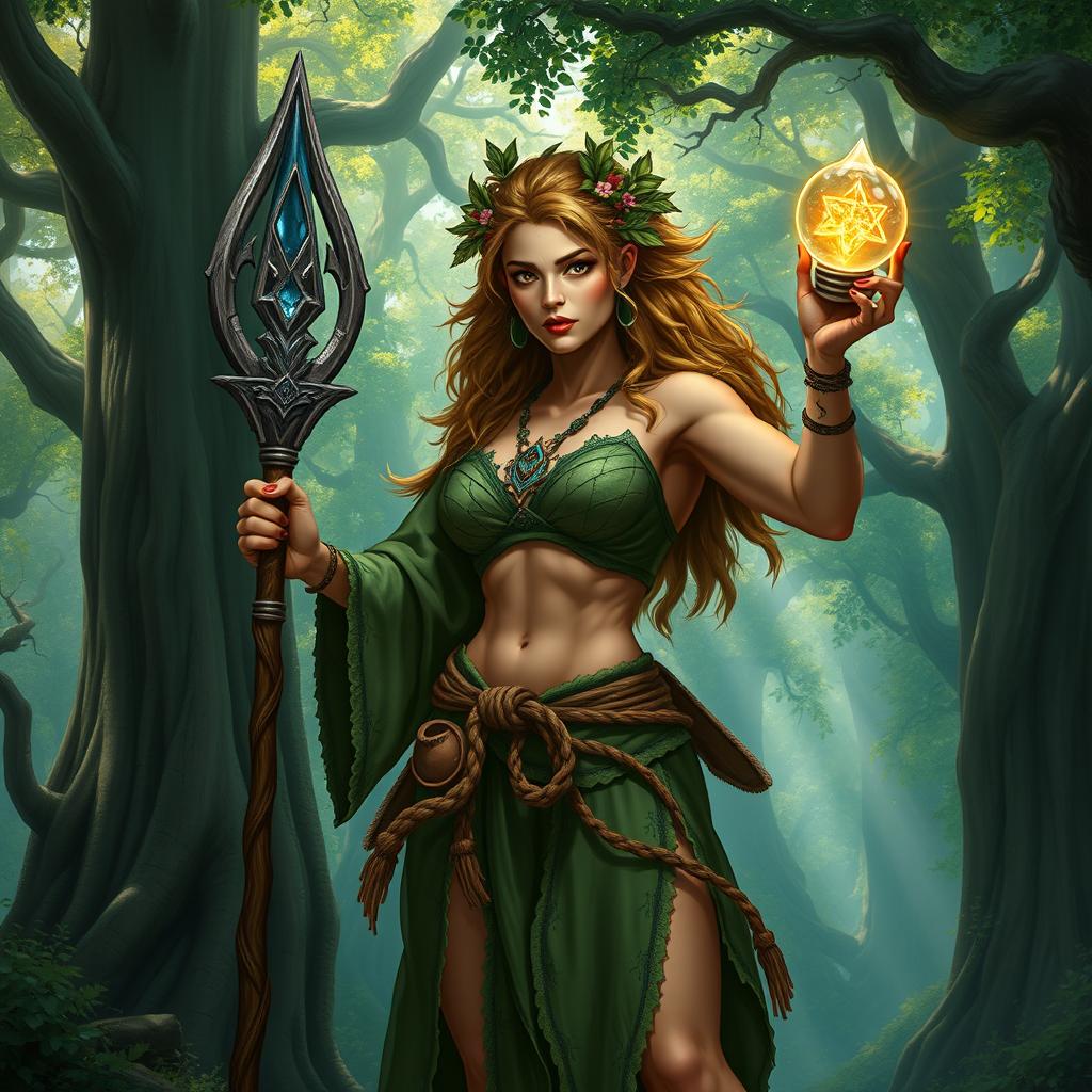 A short, very muscular druid woman exuding strength and power, wearing a detailed green robe that highlights her physique with natural patterns and earthy tones