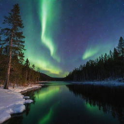 Craft an enchanting night scene showcasing the northern lights over a tranquil, starlit lake, surrounded by a dense pine forest.