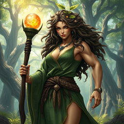 A short, very muscular druid woman exuding strength and power, wearing a detailed green robe that highlights her physique with natural patterns and earthy tones