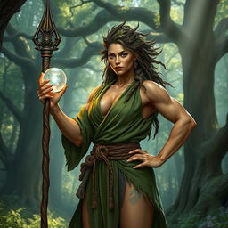 A short, very muscular druid woman exuding strength and power, wearing a detailed green robe that highlights her physique with natural patterns and earthy tones