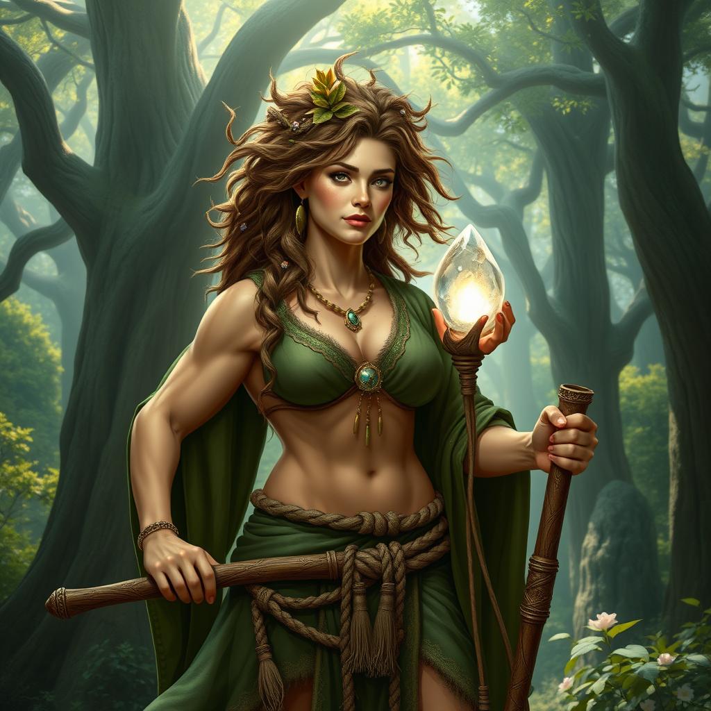 A short, very muscular druid woman exuding strength and power, wearing a detailed green robe that highlights her physique with natural patterns and earthy tones