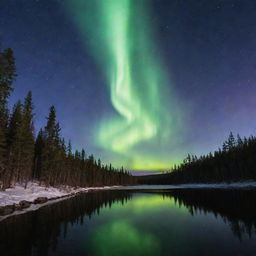 Craft an enchanting night scene showcasing the northern lights over a tranquil, starlit lake, surrounded by a dense pine forest.