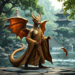 A majestic bronze dragonborn monk standing in a serene pose, clad in traditional monk robes that flutter gently in the breeze