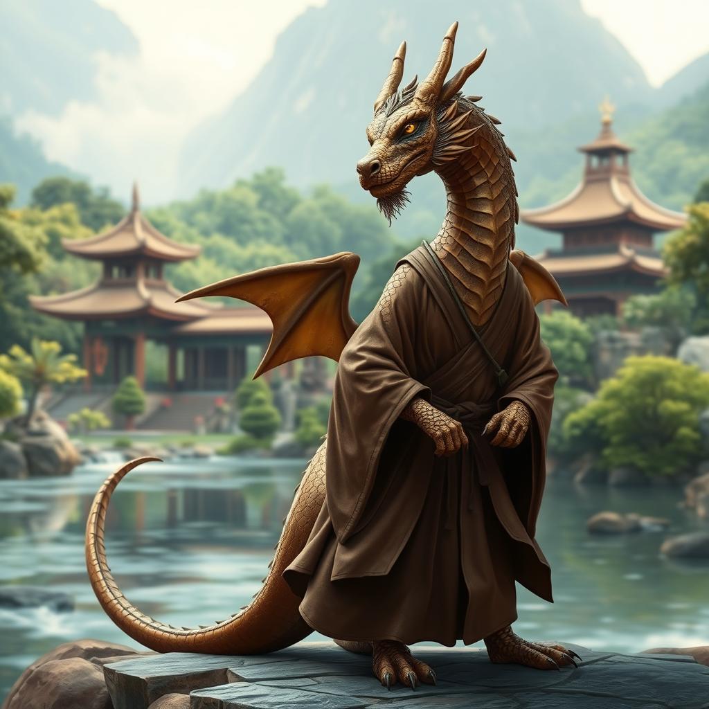 A majestic bronze dragonborn monk standing in a serene pose, clad in traditional monk robes that flutter gently in the breeze