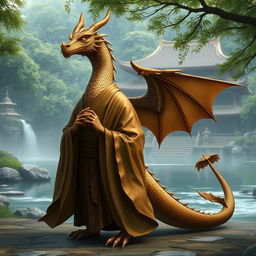 A majestic bronze dragonborn monk standing in a serene pose, clad in traditional monk robes that flutter gently in the breeze