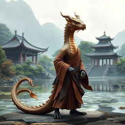 A majestic bronze dragonborn monk standing in a serene pose, clad in traditional monk robes that flutter gently in the breeze