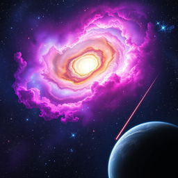 A stunning and visually appealing cosmic scene featuring a vibrant galaxy swirling with billions of stars, vivid nebulas with lush colors of purple, blue, and pink, and a majestic view of a distant planet partially visible in the foreground