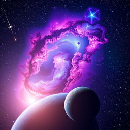 A stunning and visually appealing cosmic scene featuring a vibrant galaxy swirling with billions of stars, vivid nebulas with lush colors of purple, blue, and pink, and a majestic view of a distant planet partially visible in the foreground