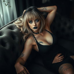 A beautiful goth girl lying gracefully on a stylish couch, lightly dressed in a semi-sheer dress that elegantly drapes over her body, accentuating her curves