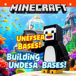 A vibrant and colorful thumbnail for a Minecraft video titled 'Building Undersea Bases in Minecraft'