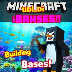 A vibrant and colorful thumbnail for a Minecraft video titled 'Building Undersea Bases in Minecraft'