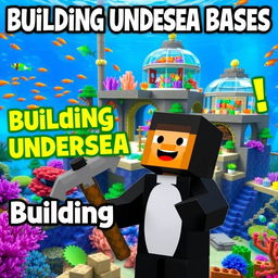 A vibrant and colorful thumbnail for a Minecraft video titled 'Building Undersea Bases in Minecraft'