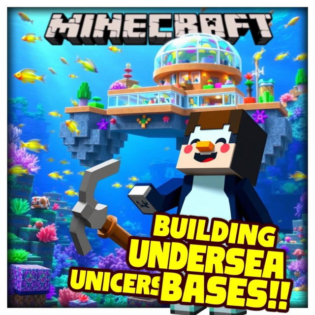 A vibrant and colorful thumbnail for a Minecraft video titled 'Building Undersea Bases in Minecraft'