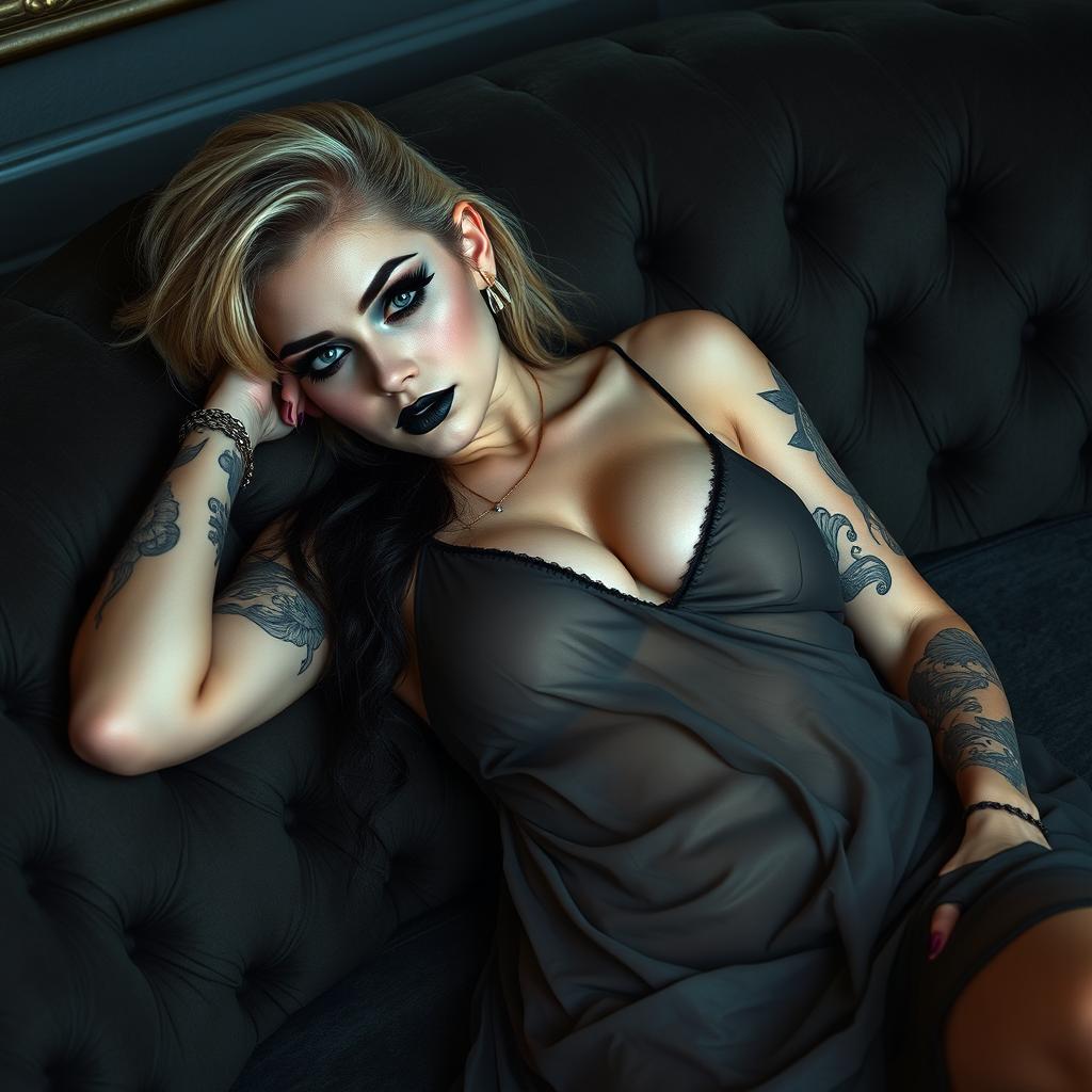 A realistic goth girl lounging gracefully on a stylish couch, lightly dressed in a semi-sheer dress that drapes delicately over her body, accentuating her curves while maintaining an air of modesty with covered nipples and vagina