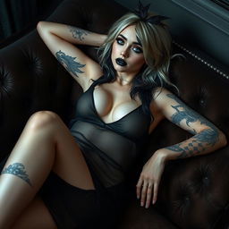 A realistic goth girl lounging gracefully on a stylish couch, lightly dressed in a semi-sheer dress that drapes delicately over her body, accentuating her curves while maintaining an air of modesty with covered nipples and vagina