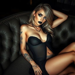 A realistic goth girl lounging gracefully on a stylish couch, lightly dressed in a semi-sheer dress that drapes delicately over her body, accentuating her curves while maintaining an air of modesty with covered nipples and vagina