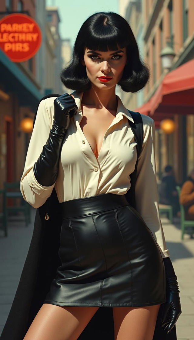 Bettie Page depicted as a secret agent, showcasing a daring look in opera leather gloves, a black tight leather skirt, a crisp white blouse, and chic stiletto boots