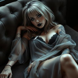 A realistic goth girl reclining elegantly on a stylish couch, lightly dressed in a semi-sheer dress that gracefully flows over her form while keeping her covered