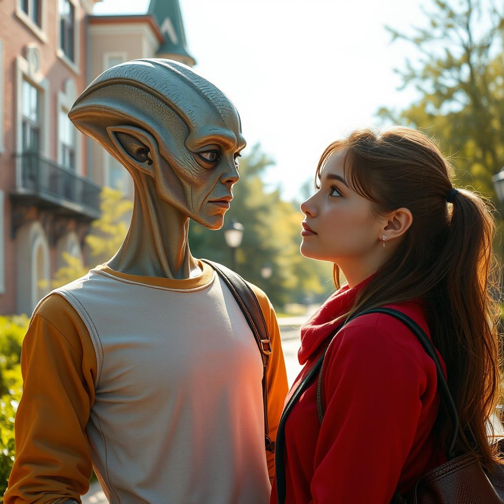 A captivating scene of a romantic encounter between an alien disguised as a human and a university girl