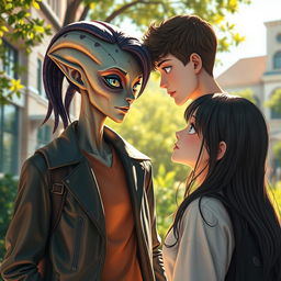 A captivating scene of a romantic encounter between an alien disguised as a human and a university girl